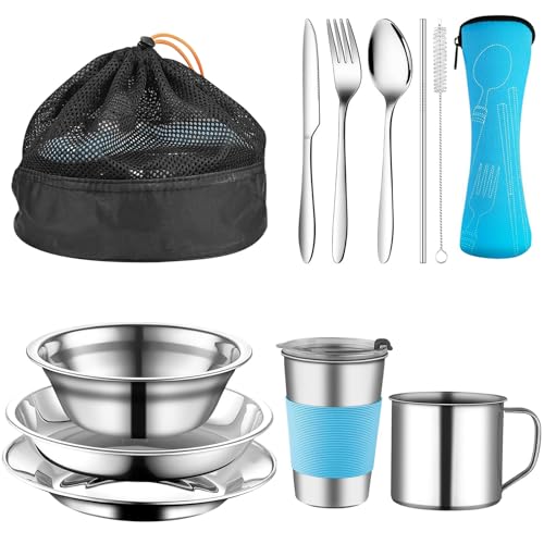 Gavetta Scout, Stoviglie Blu 10 PCS, Campeggio in Acciaio Inox con Posate, Forchette, Ciotole e Bacinelle, Gavetta Scout 1-2 Persona, Posate da Campeggio per Picnic, Campeggio e Viaggi all'aperto
