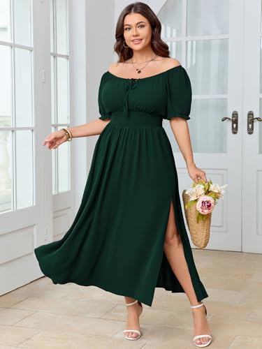 Women's Plus Size Maxi Dress Short Sleeve Smocked Square Neck Tie Front Split A-Line Flowy Long Dresses3