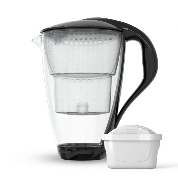 Dafi Crystal waterfilterkan van glas, 2 liter, waterfiltersysteem ter vermindering van kalk, chloor, BPA-vrij, led-sensor, waterfilterkan waterfilter UNIMAX – zwart
