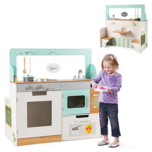 COSTWAY Cuisine pour Enfant en Bois, Double Face pour Jouet au Rôle de Cuisinier et de Client, pour la Reconnaissances des Accessoires de Cuisine, Jeu d’Imitation, Jeu Educatif