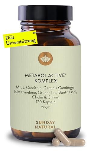 SUNDAY NATURAL® 120 Stoffwechsel Kapseln Metabol Active* - Diät Unterstützung – Hochdosiert mit Bittermelone, Garcinia Cambogia, Grüntee, Chrom, Cholin – Laborgeprüft, vegan, ohne unnötige Zusätze