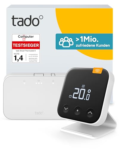 tado° Kabelloses Smartes Thermostat X – Starter Kit mit Standfuß, kompatibel mit den meisten Boiler und Wärmepumpen (Relay oder OpenTherm), Steuerung über App und Smart Speaker (Alexa, Siri, Google)