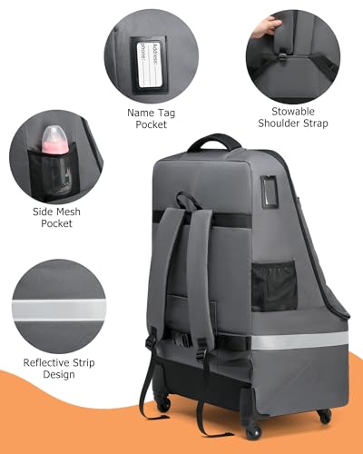 Image of MCBD Car Seat Travel Bag for Airplane, Foldable Baby Carseat Backpack for Travel Padded Carseat Carrier for Airport Gate Check, Infant Stroller Cover with Reflective Strips