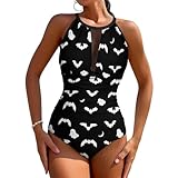 Bats Halloween Goth Tummy Control Swimsuits for Women Slimming One Piece Bathing Suit Retro Halter Push Up Swimwear XL