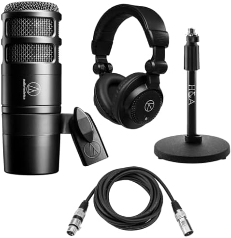 Audio-Technica AT2040 Hypercardioid Dynamic Podcast Microphone (at 2040) Bundle with Telescoping Tabletop Microphone Stand and XLR- XLR Cable