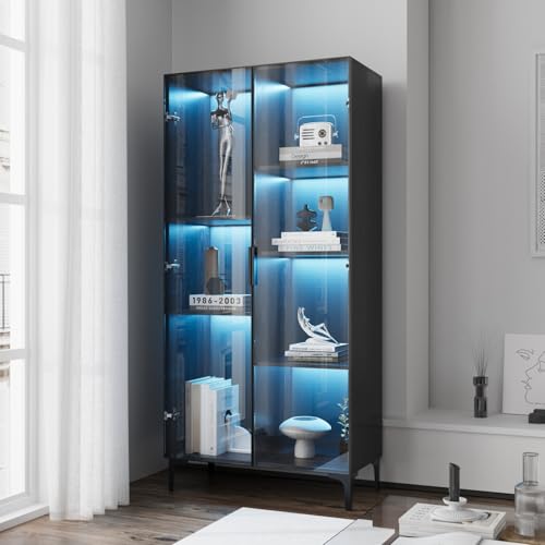 Maupvit Glass Display Cabinet with Led Lights, Display Case with Glass Doors and Shelves of Different Heights for Collectibles, Toys, Books
