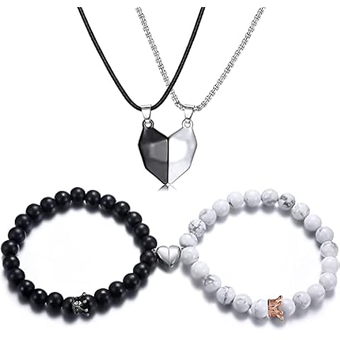 Chriscoco Matching Necklaces Bracelets for Couples Heart Pendant Friendship Necklaces Beads Stone Couple Matching Bracelets for Him and Her Cover