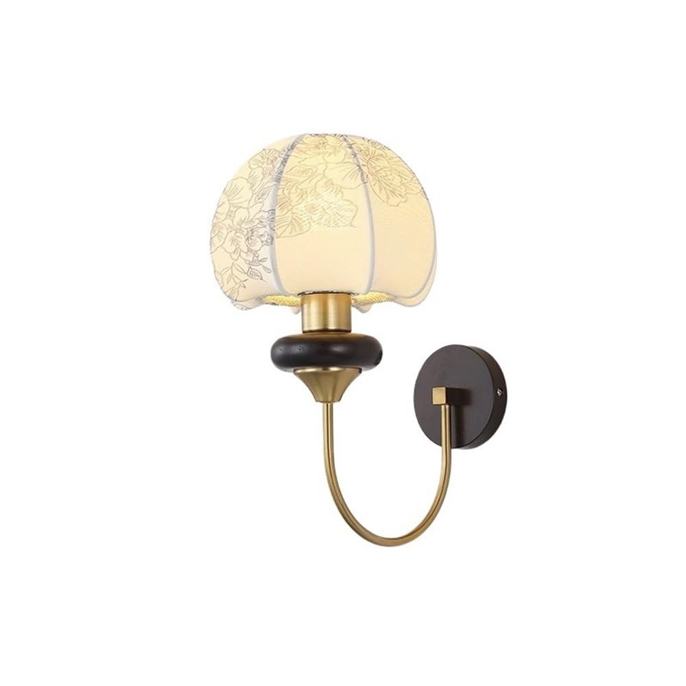 ZENY896V Bedroom Retro Pattern Bedroom Bedside Wall Lamp Fabric Lampshade Wooden Base Wall Sconce