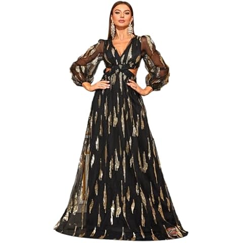 Giffniseti Women's Deep V Neck Long Sleeve Cut Out A Line Sequin Maxi Dress Evening Prom Gown Black Cover
