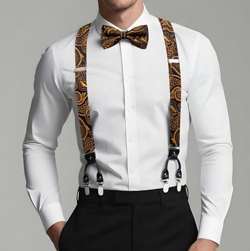 Image of Dubulle Suspender and Bow Tie for Men Paisley Solid Mens Suit Braces Pretied Bowtie and Handkerchief Cufflinks Formal Wedding