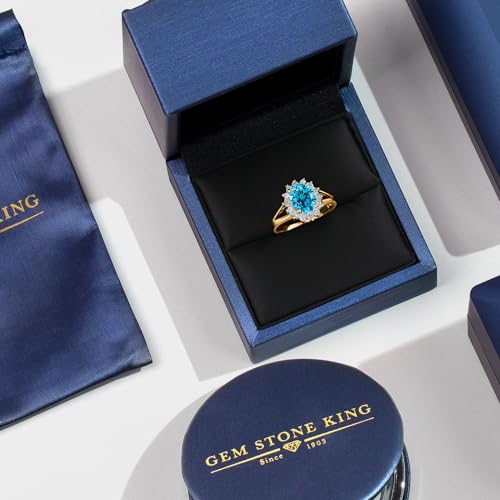 Gem Stone King 18K Gold Plated Vintage Victorian Blue and White CZ Cubic Zirconia Halo Engagement Ring for Women (Available in size 6,7,8)4