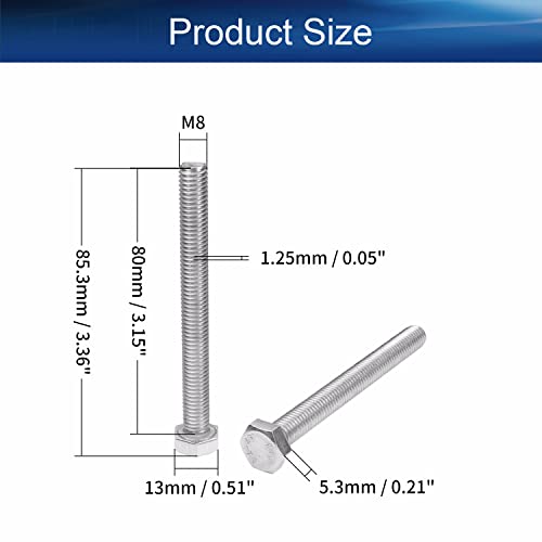 Image of Bettomshin 5Pcs M8 x 80mm Hex Bolts, 304 Stainless Steel 1.25mm Thread Pitch Fully Threaded Metric Hex Head Screw Bolts, Hexagon Screw Bolt, Hex Tap Bolts, Silver, A2-70 (Overall Size 85.3x13x13mm)
