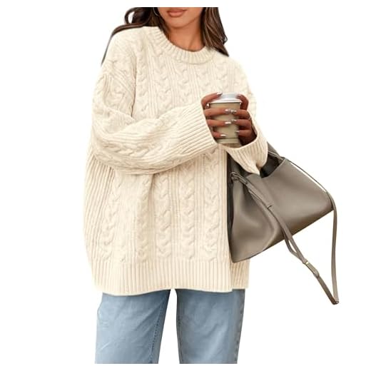 Okiwam Women's Oversized Sweaters Crewneck Cable Knit Pullover Casual Loose Fall Outfits Fashion Clothes 2025-M Beige White