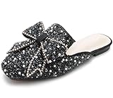 SAFECAMS Women's Rhinestone Bow Flat Mules Comfortable Square Toe Slip on Penny Loafers Ladies Baotou Clogs Half Slides Mules (Black-A,8.5)