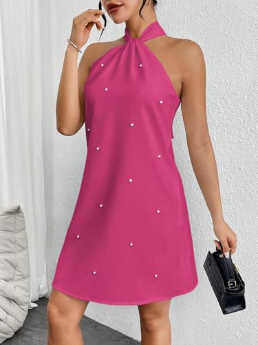 Image of Floerns Women's Pearl Beaded Halter Twist Sleeveless Tie Back Dress A Line Dress