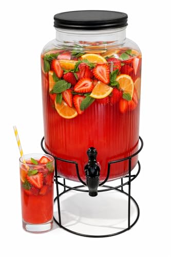 ALozziiHom 5.5L Glass Juice Dispenser with Sturdy Metal Stand Leak-Proof Spigot & Airtight Lid 5.5 Liter Beverage Dispenser With Tap 5.5 Litre Drinks Dispenser for All Occasions