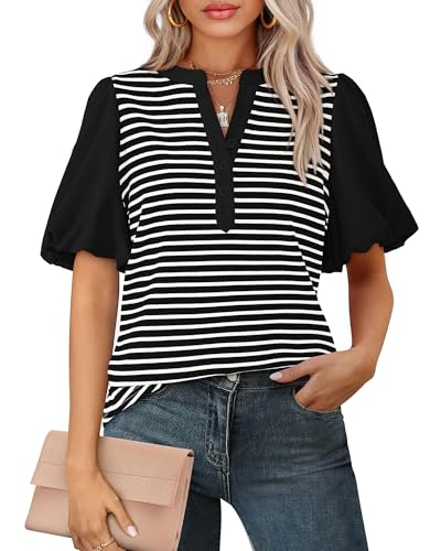 BTFBM Puff Sleeve Tops for Women Dressy Summer Vacation Outfits 2025 V Neck Casual Button Up Shirts Loose Striped Blouse(Black, Medium)