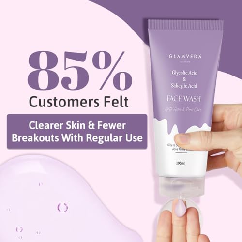 Image of Glamveda Glycolic Acid & 0.05% ww Salicylic Acid Anti Acne Face Wash (100ml Pack of 2) | For Oily & Acne Prone Skin | Oil balancing, Deep Cleansing | No Paraben, SLS