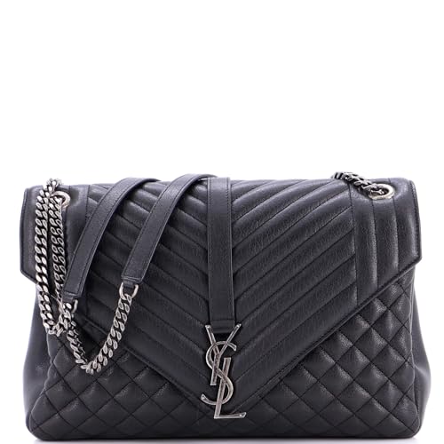 Saint Laurent, Pre-Loved Classic Monogram Envelope Satchel Mixed Matelasse Leather Large, Black