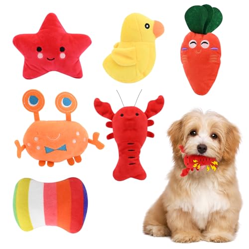 6 Pack Puppy Toys,Dog Squeaky Toys,Small Dogs Interactive Teething Plush Soft Chew Toy,Fruit Vegetable Animals Interacting Pet Teddy Toy