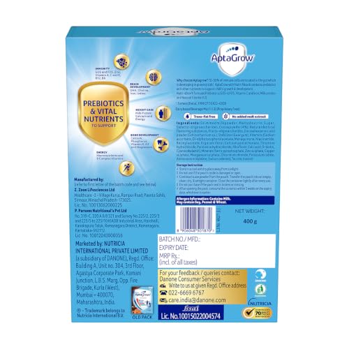 Image of AptaGrow Milk Drink Powder For Kid S Height Gain,Immunity & Brain Development,Nutritious & Tasty Chocolate Flavor,400 G|37 Nutrients|Prebiotics|Low Fat|Veg,1 Count,13 Servings