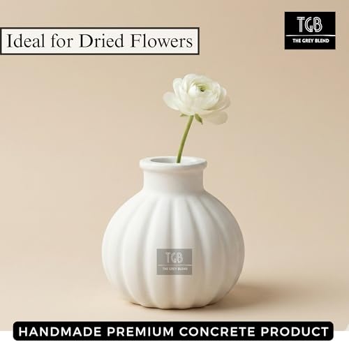 Image of Small Vase for Home (7.5x7.5 cm) | White Aesthetic Flower Vase for Living Room, Coffee Table & Shelf | Minimal Handmade Concrete Pumpkin Vase for Modern Interiors