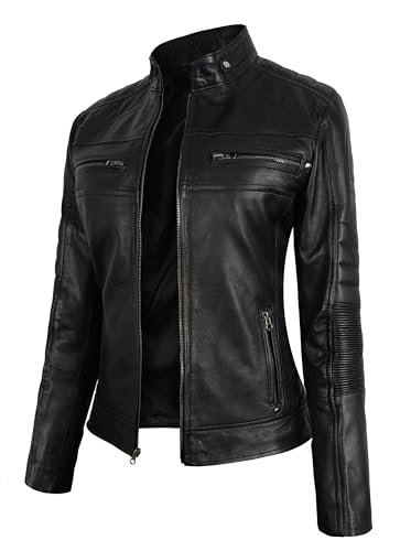 Cafe Racer Leather Jacket Women - Moto Biker Style Womens Leather Jacket Casual Fashion