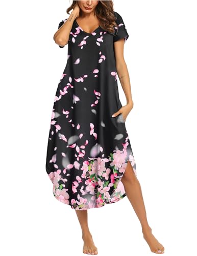 Image of Ekouaer Long Nightgowns for Women Short Sleeve House Dress with Pockets V Neck Sleepshirts Side Split Sleepwear S-4XL