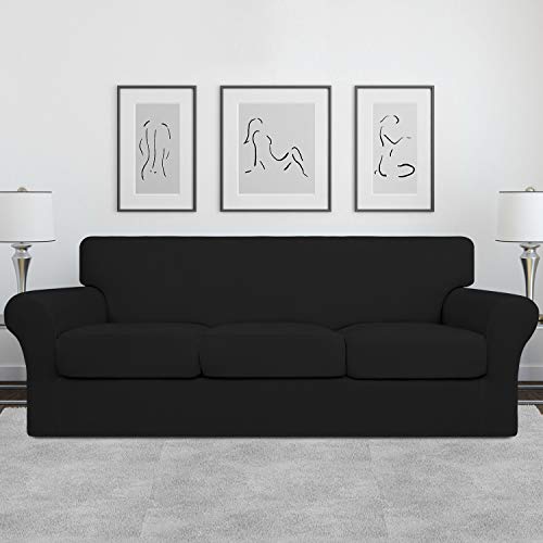 Image of Easy-Going 4 Pieces Stretch Soft Couch Cover for Dogs - Washable Sofa Slipcover for 3 Separate Cushion Couch - Elastic Furniture Protector for Pets, Kids (Sofa, Black) Large