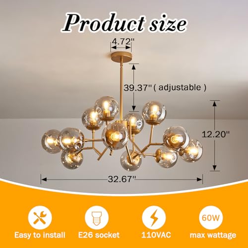Image of UOFUS 12-Light Modern Gold Sputnik Chandelier with Glass Globe