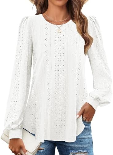 ZESICA Long Sleeve Eyelet Tops for Womens Crew Neck Spring Shirts Casual Loose Blouses Trendy Clothes