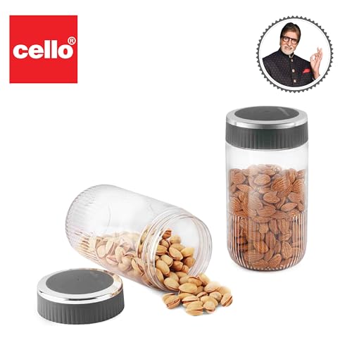 Image of CELLO Mint Storage Canister For Kitchen Set of 2, (1000 ml x 2), Grey | Food Grade, Stackable, See Through |Nestable Storage Pet Container with Lid for Food, Pulses, Spice, Cereals, Cookies,Dry Food