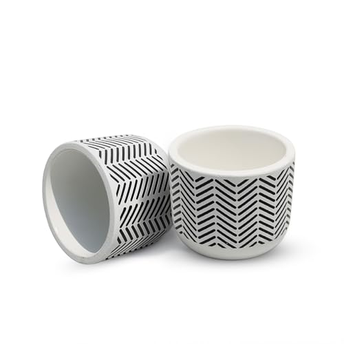 Image of Urban Plant White Chevron Handcrafted Terracotta Planter | Monochrome Indoor Clay Pot for Living Room | Artisan Decorative Flower Pot | Modern Minimal Home Decor | Drainage Hole | 4-6 Inch