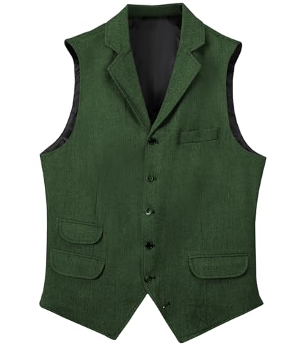 Men's Herringbone Wool Suit Vests Slim Fit Waistcoat Notch Lapel Vintage Casual Vest XS-4XL