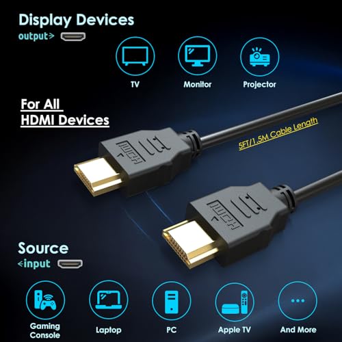 Image of Kado 5ft HDMI Cable 2-Pack, High Speed HDMI 1.4 Ethernet Male-to-Male 1.5m | 1920x1080 FHD 144Hz 100Hz 60Hz HDCP, Genuine Parts Made for Sceptre Monitor, TV, Gaming Console, PC, Laptop, Projector
