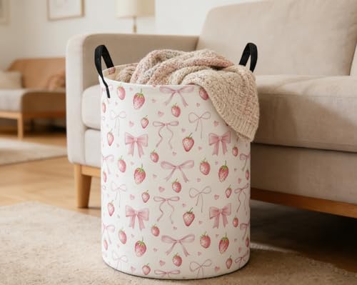 Image of ESSME Kids Laundry Basket,Strawberry Hamper Collapsible Canvas Waterproof Storage Bin for Girls, Cute Hamper,Gift Baskets(Strawberry)