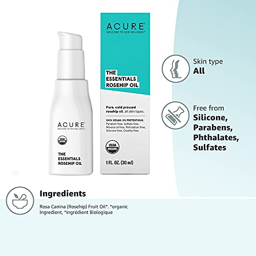 Acure The Essentials Rosehip Oil | 100% Vegan | Versatile - For Any Skin & Hair Care Regimen | Pure, Cold Pressed & Rich In Essential Fatty Acids | For All Skin Types | 1 Fl Oz #TOP7