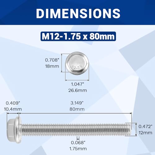 Image of M12-1.75 x 80mm Serrated Flange Hex Bolts + Flange Nut + Flat Washer + Lock Washer Combo Pack, 304 Stainless Steel 18-8, for Automotive & Machinery, 4 Sets