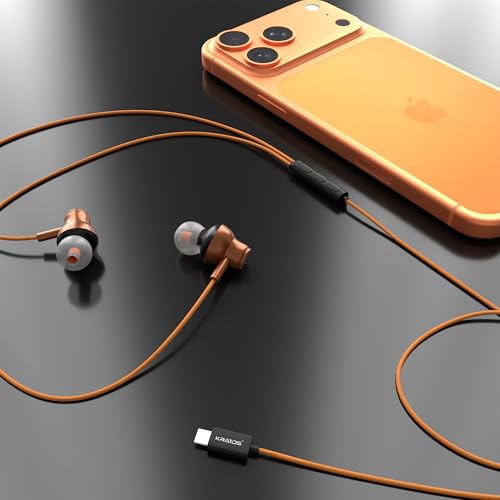 Image of Kratos Tune V6 C Type Earphones Wired, Deep Bass Drivers Earphone, Inline Control Type c Headphones with Mic, Comfort Fit Type c Earphone with Volume Control,Metallic C pin Earphones (Orange)