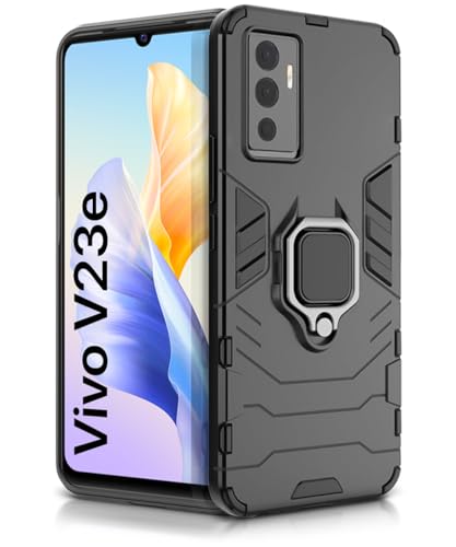 Image of WOW IMAGINE Shock Proof Back Case Mobile Cover for Vivo V23E 5G | for Vivo Y75 4G (Tough Armor | Hybrid PC + TPU | Full Protection with Ring Holder & in-Built Kickstand | Black)