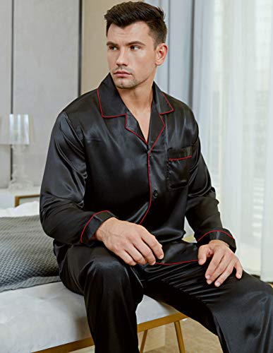 Image of Lonxu Pajamas Set Mens Silk Satin Pajamas Long Sleeve Loungewear Two-Piece Sleepwear Button-Down Pj Set S-XXXXL