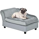 PawHut Haustiersofa mit Matte, Hundebett, Hundematte, Hundesofa mit Lagerraum, Naturholz+Plüsch, Hellgrau, 76 x 45 x 41,5 cm