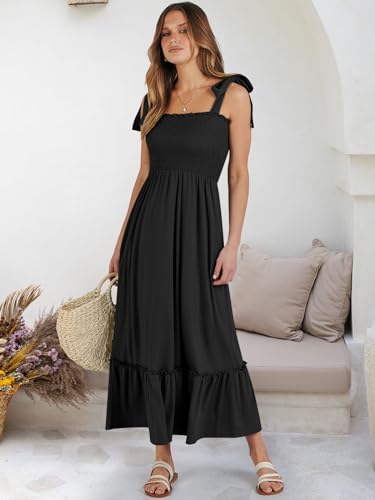 Image of ANRABESS Women Summer Casual Strap Smocked Maxi Flowy Tiered A Line Beach Travel Sundress Wedding Guest Outfits