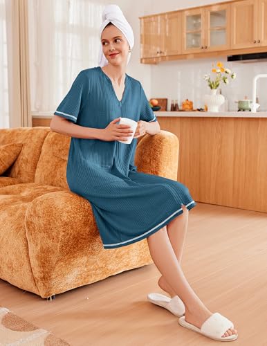 Ekouaer Women Zipper Robes Waffle Short Sleeve Lightweight Housecoat Knee Length Bathrobe Dressing Gown with Pockets S-3XL2