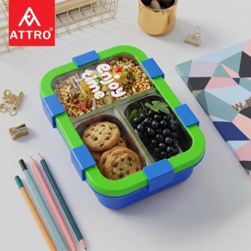 Image of ATTRO JoyBox Steel Lunch Box, 3 Compartment, Stainless Steel Inner Tray, Leakproof Airtight Lid, 4-Side Locks, BPA-Free Food Grade Lunch Box for Kids, School & Office - Green Blue-750ml