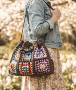 Designer Crochet Bucket Bag for Women – Colorful Granny Square Crossbody Purse, Vintage Boho Statement Handbag - Image 9