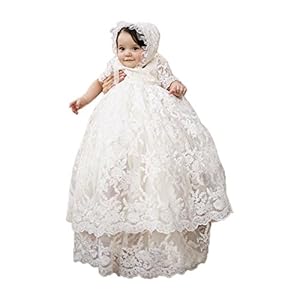 Baby Long Ivory Christening Gown Lace Baptism Dress with Bonnet
