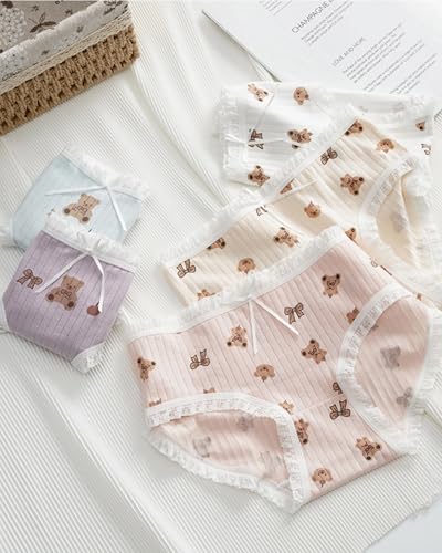 Cute Bear Ruffled Panties for Teen Girls Women Cotton Briefs Lace Frilly Trim Mid Rise 5 Pairs Anime Underwear3