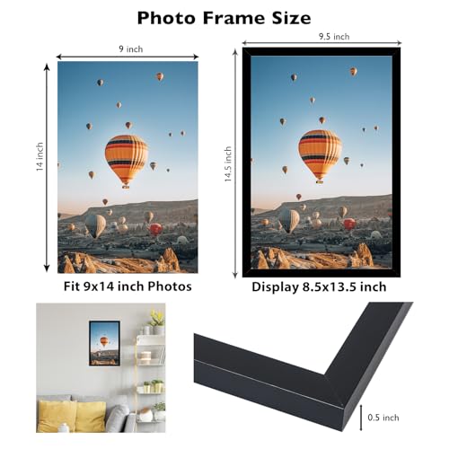 Image of JCJMY 9x14 Picture Frame Black for Wall Hanging, Wall Mounting Horizontally or Vertically, 9 x 14 Wall Gallery Poster Photo Frame with Shatter Resistant Plexiglass, Black