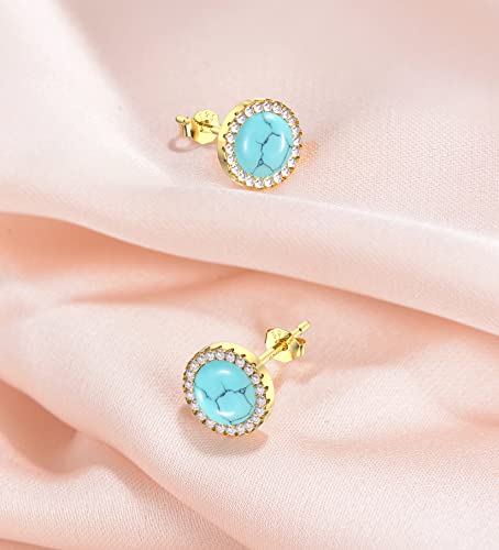 Btoym Turquoise Stud Earrings 18K Gold Plated 925 Sterling Silver Round/Triangle/Square/Heart Stud Earrings With Cubic Zirconia Dainty Gemstone Earrings For Women Girls (Round) #TOP4